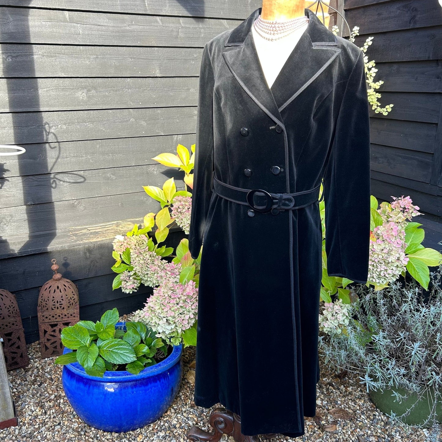 Vintage Long Black double breasted velvet Coat: UK Size 16 - 18, Braid Trim, Belted - Splendid Vintage World