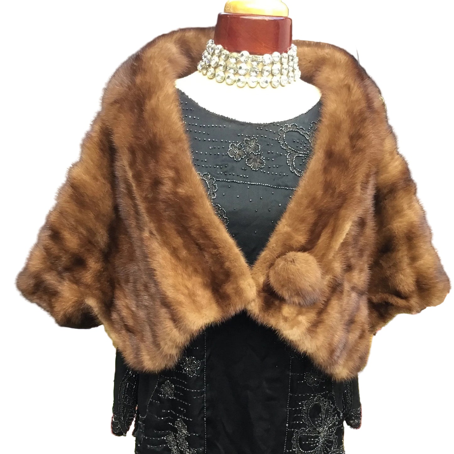 Vintage Mink Fur Stole Warm Brown on mannequin with black dress on white background - Splendid Vintage World