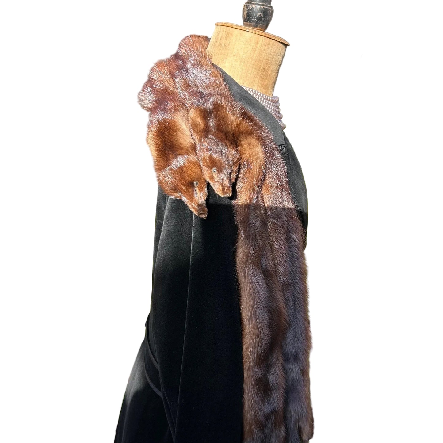 Vintage mink fur stole tippet side view on black coat on mannequin on white background - Splendid Vintage World