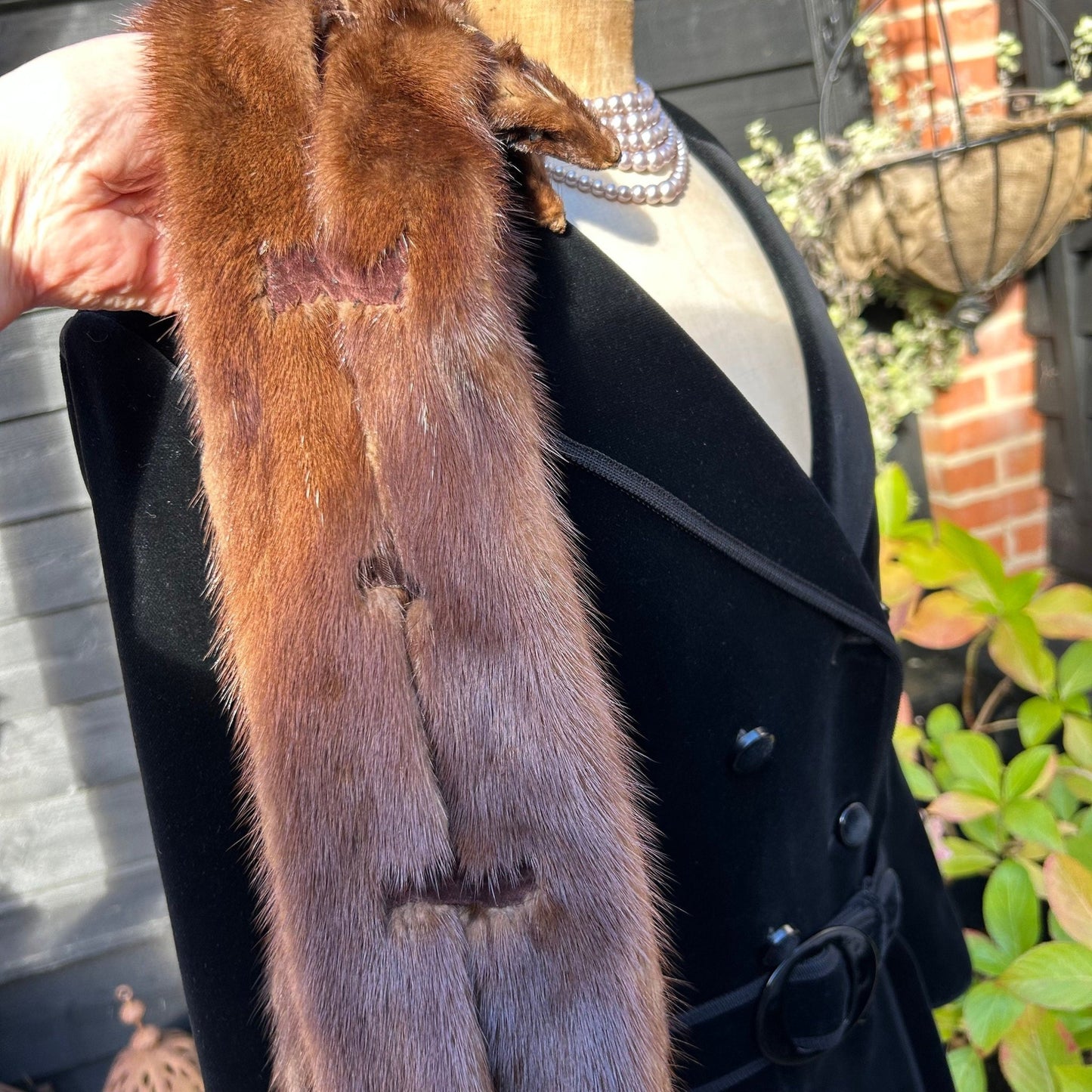 Vintage mink fur stole tippet against black coat on mannequin in garden setting - Splendid Vintage World