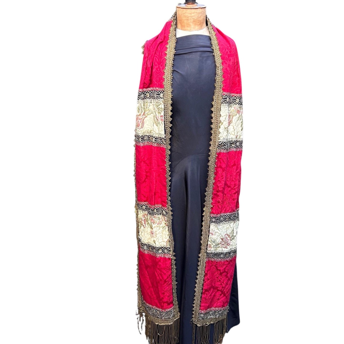 long wide red, gold & cream textile panelled Scarf over black dress on mannequin on white background - Splendid Vintage World