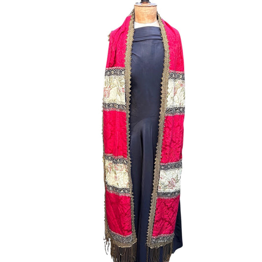 long wide red, gold & cream textile panelled Scarf over black dress on mannequin on white background - Splendid Vintage World