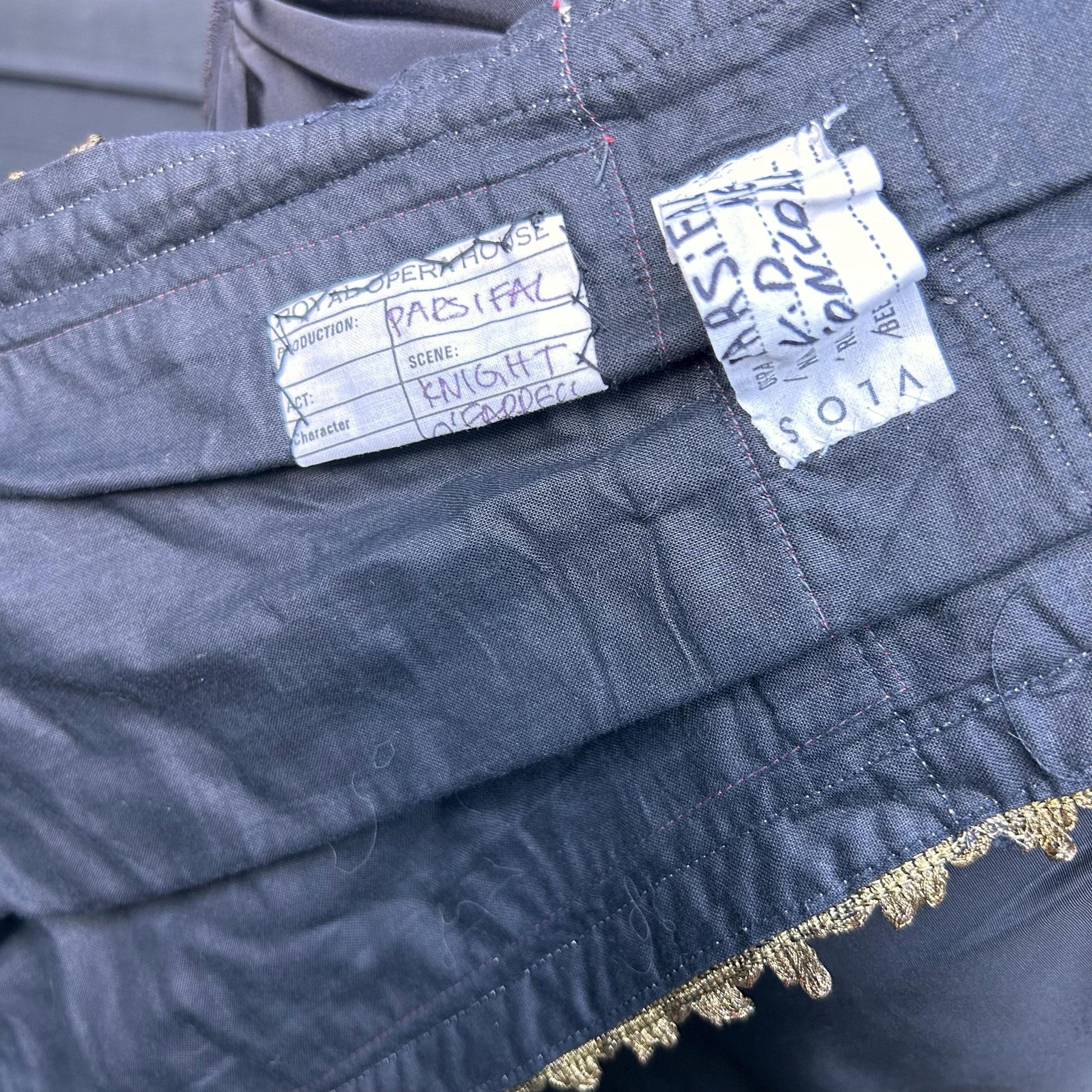 black pleated textile with Gold Metallic Trim edge with royal opera house Covent Garden & VLOS label - Splendid Vintage World