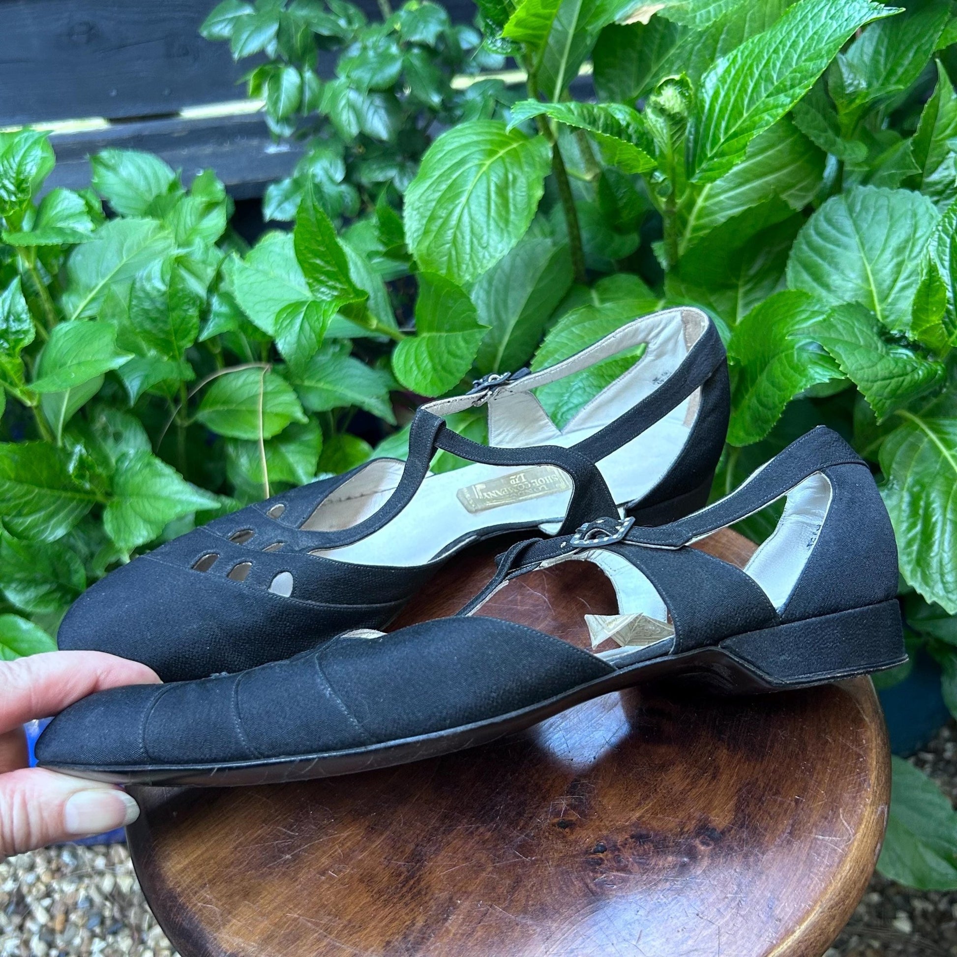 Vintage 1940s black fabric low wedge shoes size 10 from the London shoe Company made in Switzerland- Splendid Vintage World