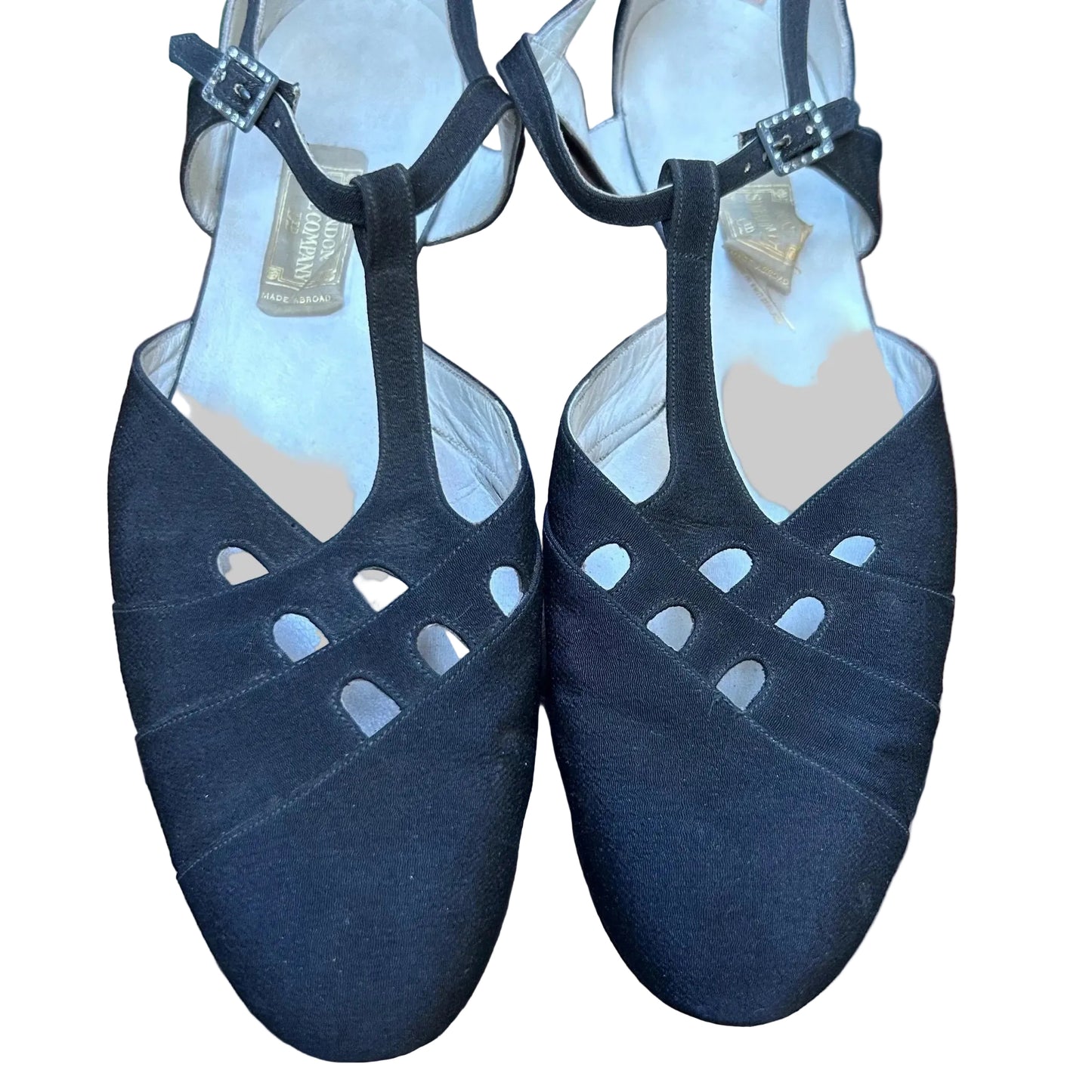 Vintage 1940s black fabric low wedge shoes size 10 from the London shoe Company made in Switzerland - Splendid Vintage World