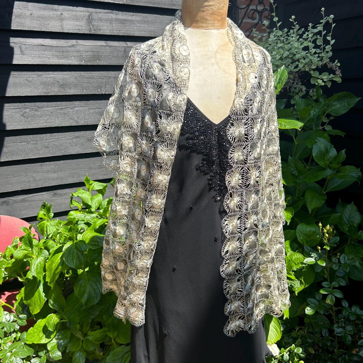 vintage silk Tenerife floral lace stole in ivory & black on a mannequin in a black dress