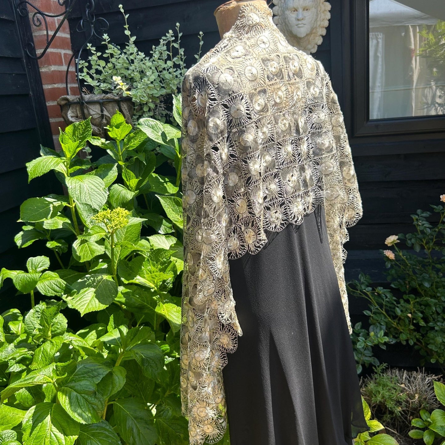 vintage silk Tenerife floral lace stole in ivory & black on a mannequin in a black dress