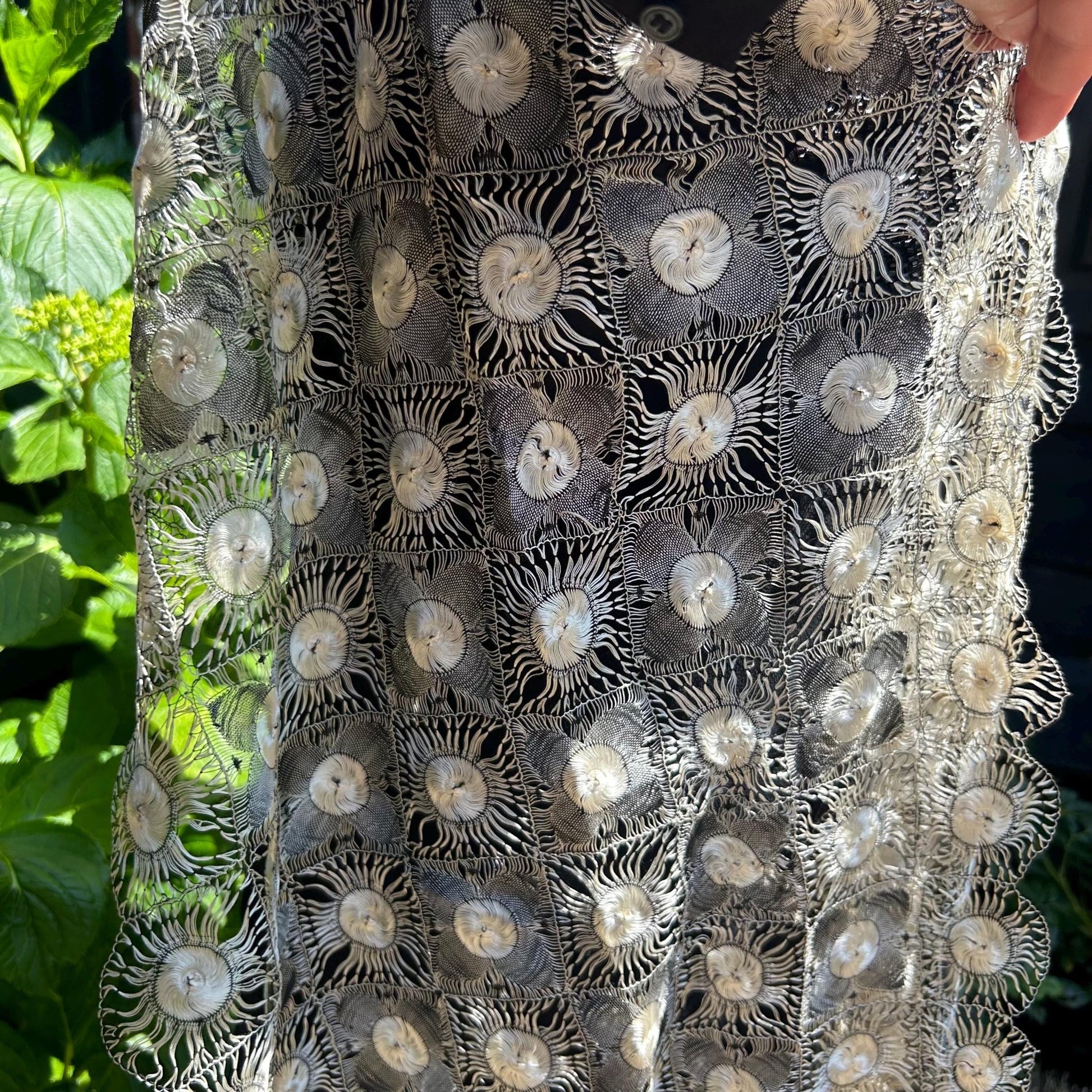 vintage silk Tenerife floral lace stole in ivory & black on a mannequin in a black dress