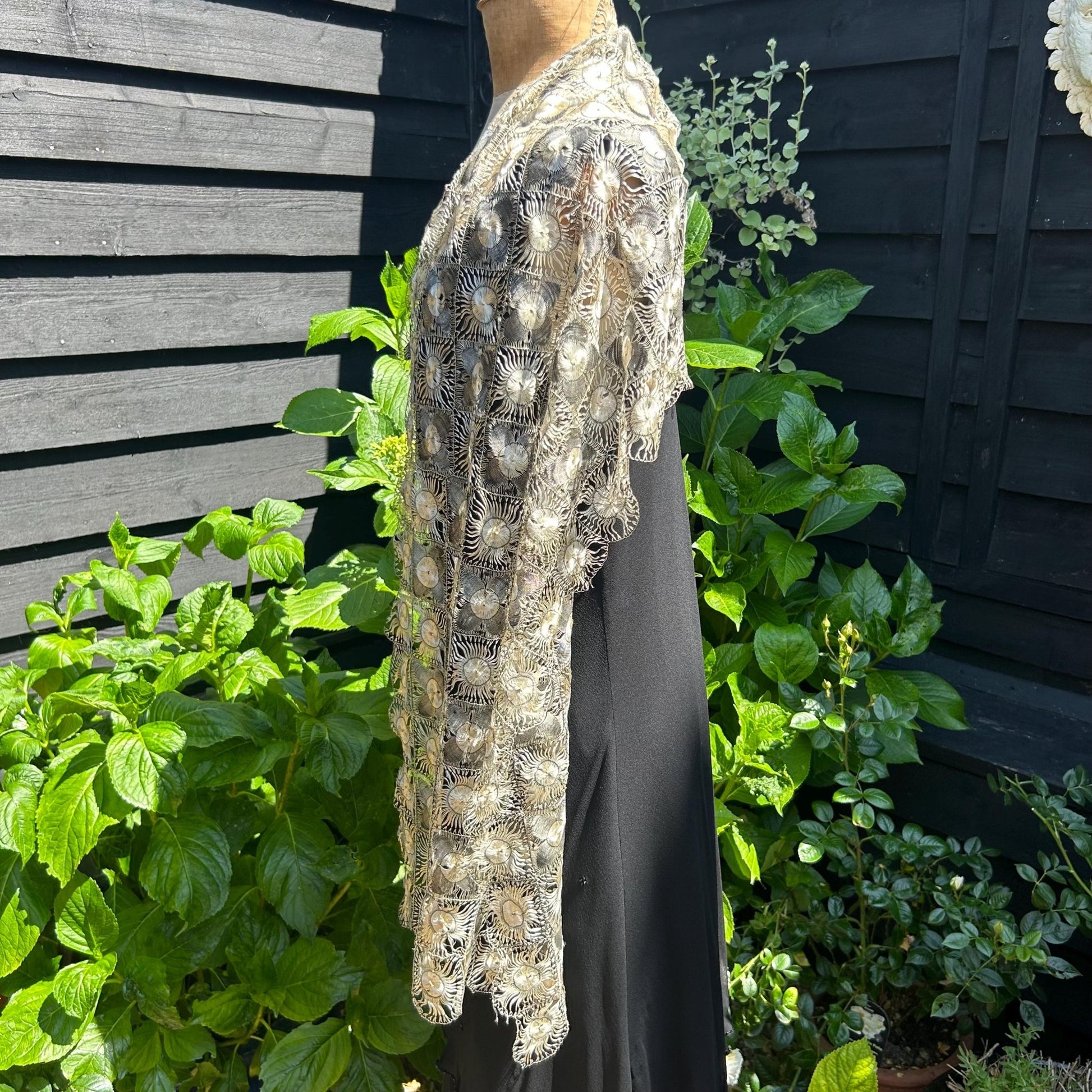 vintage silk Tenerife floral lace stole in ivory & black on a mannequin in a black dress