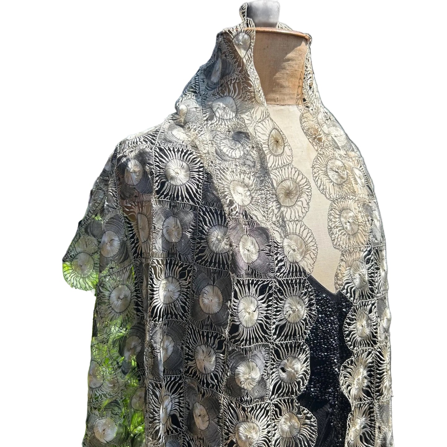 vintage silk Tenerife floral lace stole in ivory & black on a mannequin in a black dress