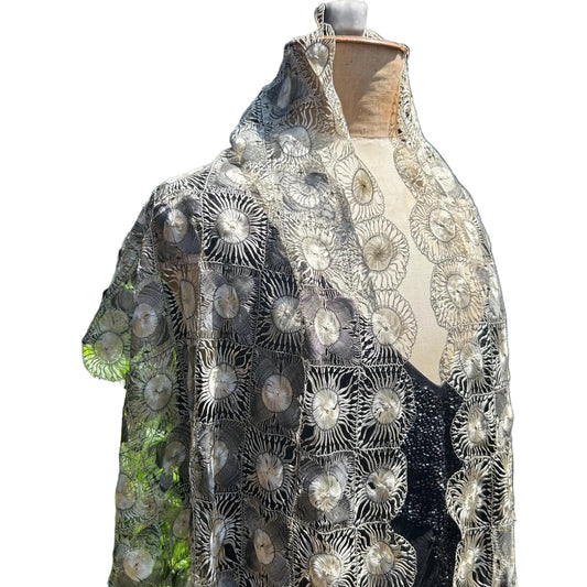 vintage silk Tenerife floral lace stole in ivory & black on a mannequin in a black dress
