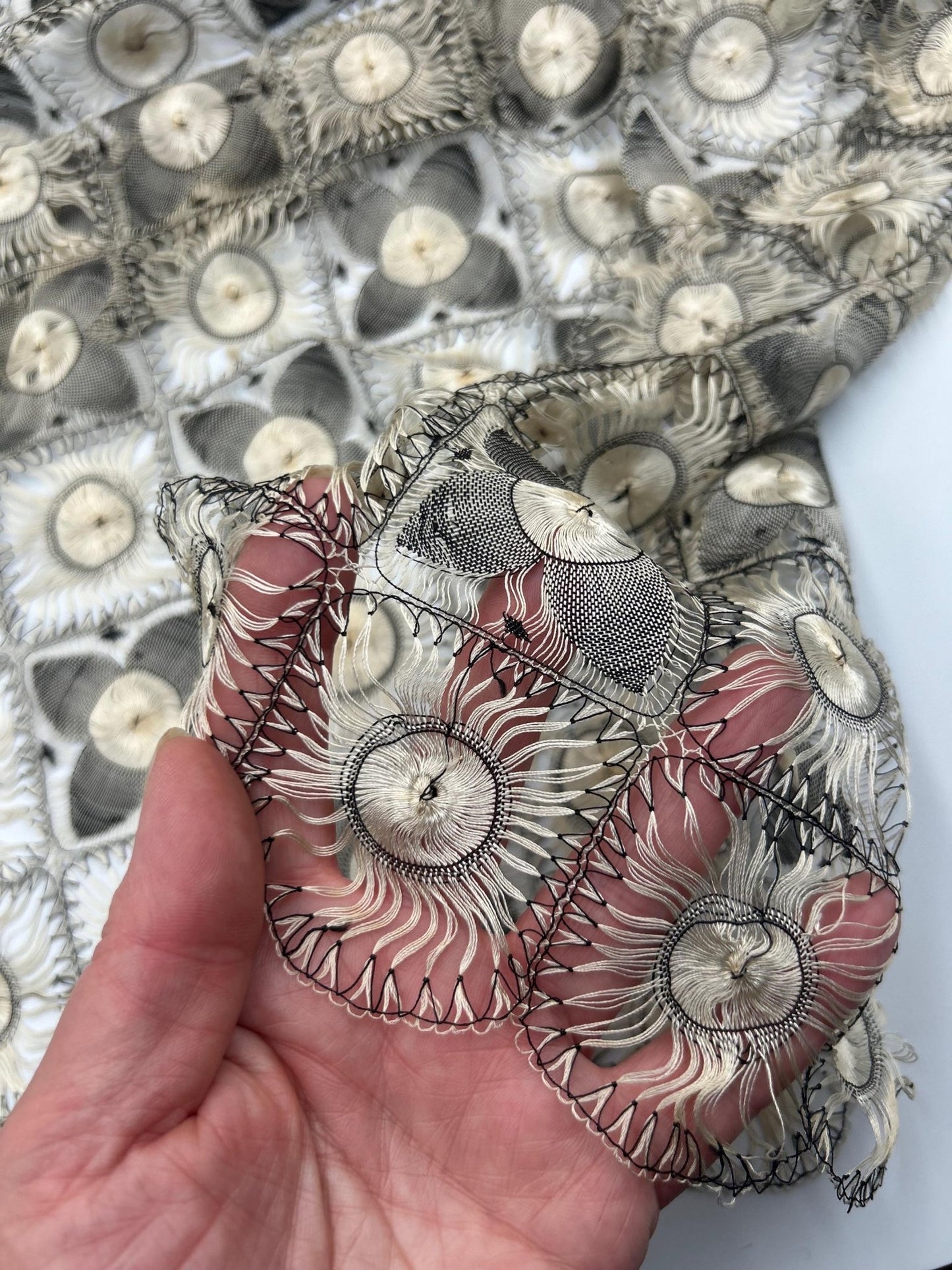 close up of detail of Antique silk Tenerife floral lace stole in ivory & black