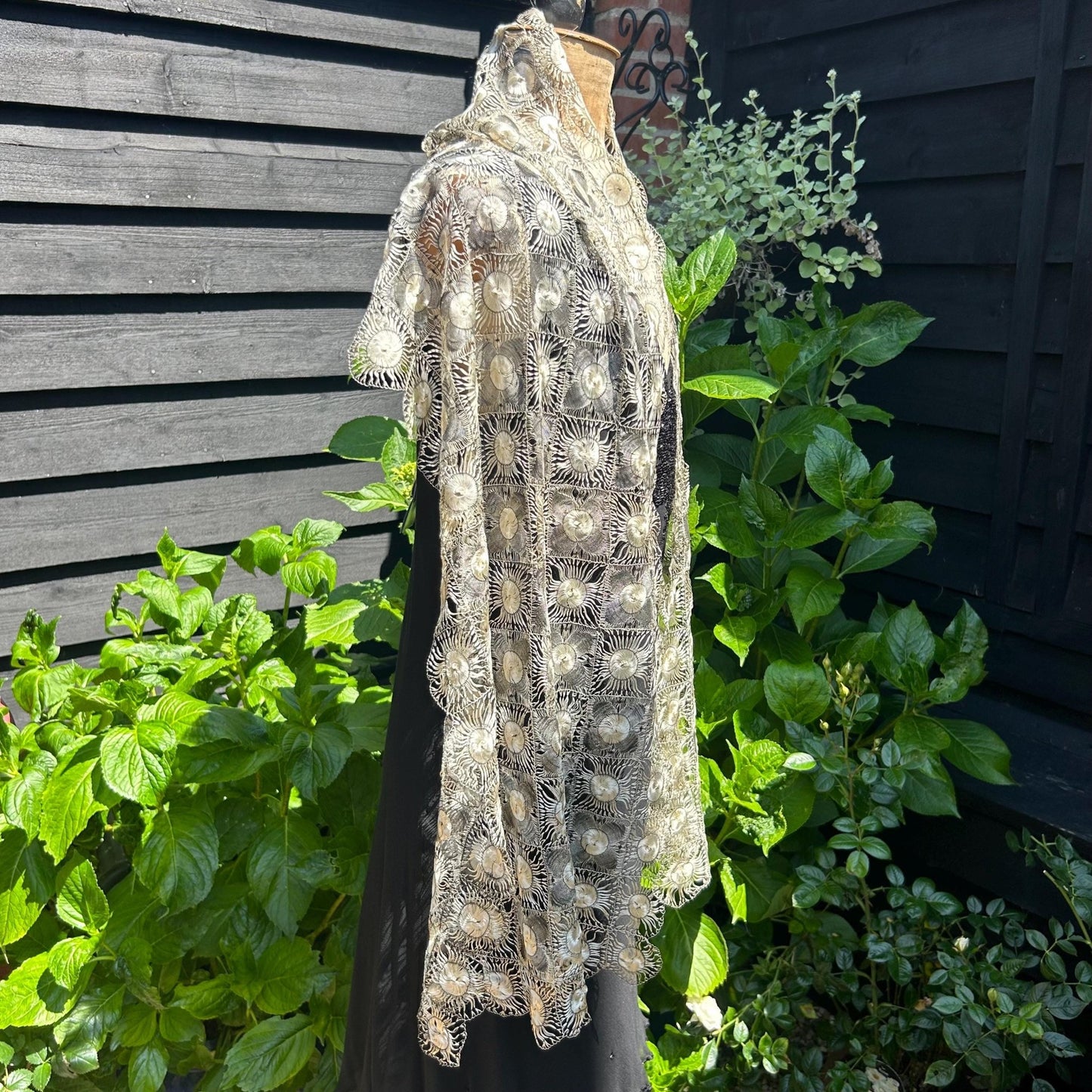 vintage silk Tenerife floral lace stole in ivory & black on a mannequin in a black dress