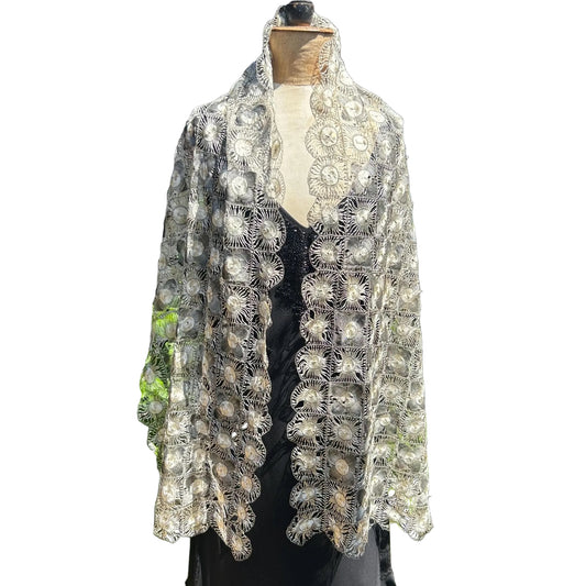 vintage silk Tenerife floral lace stole in ivory & black on a mannequin in a black dress