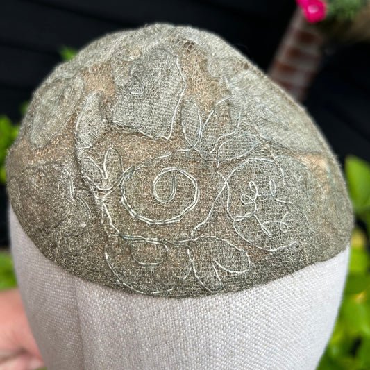 Vintage silver lame skull cap metallic lace & net lined hat - Splendid Vintage World