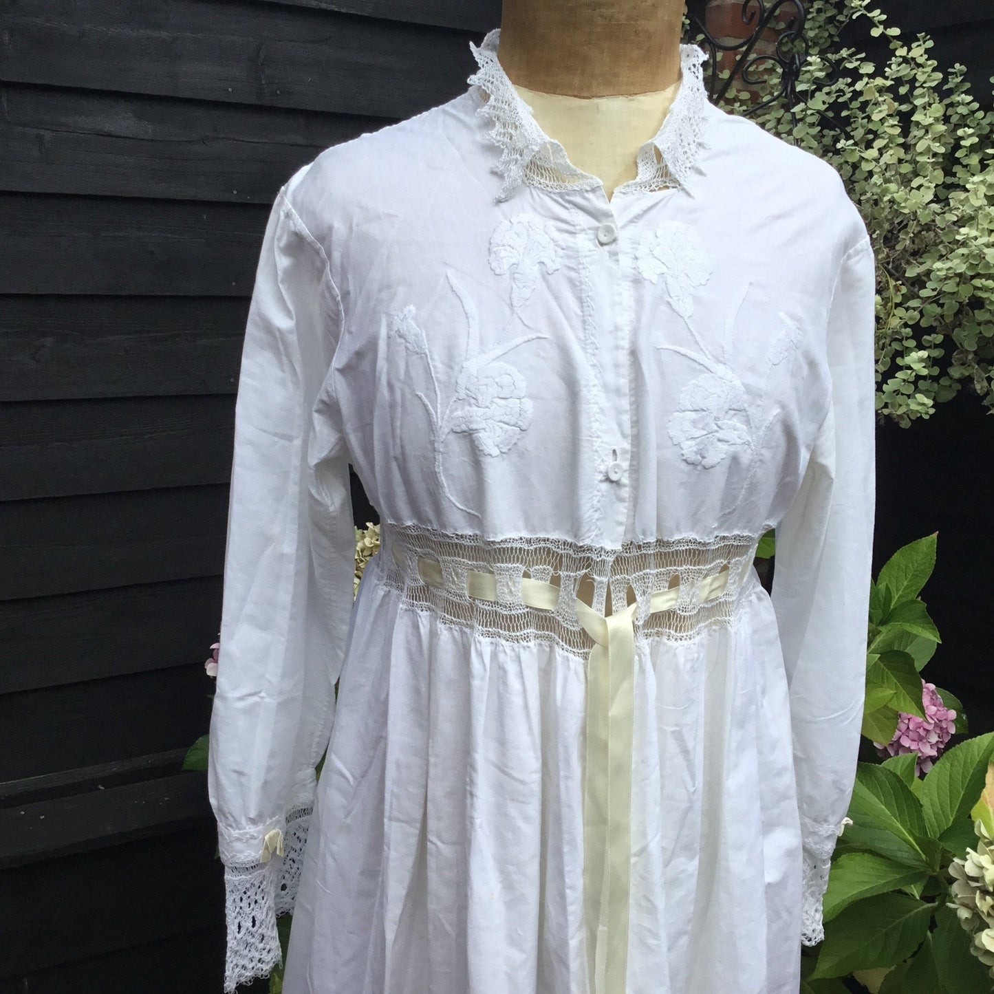 Vintage White Cotton Nightgown: Hand Sewn Crochet Lace Detail & embroidered - Splendid Vintage World