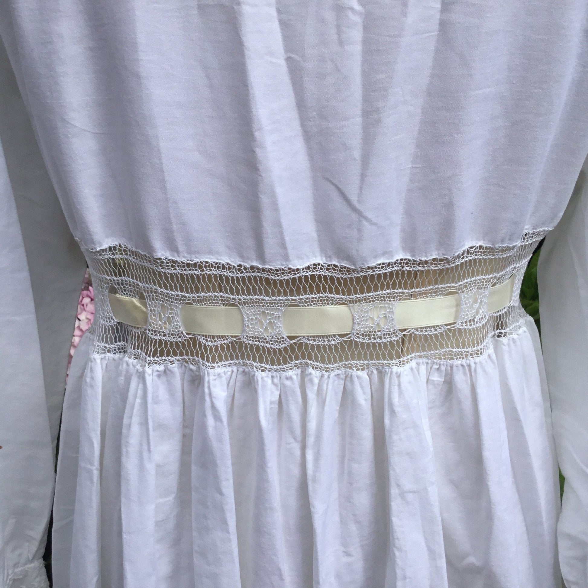 Vintage White Cotton Nightgown: Hand Sewn Crochet Lace Detail & embroidered - Splendid Vintage World